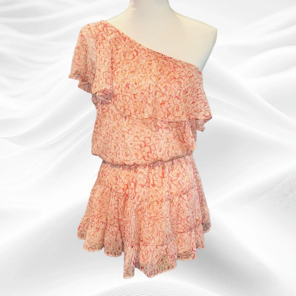 Krisa Revolve Wild print One‎ Shoulder Ruffle Dress Small Pink
